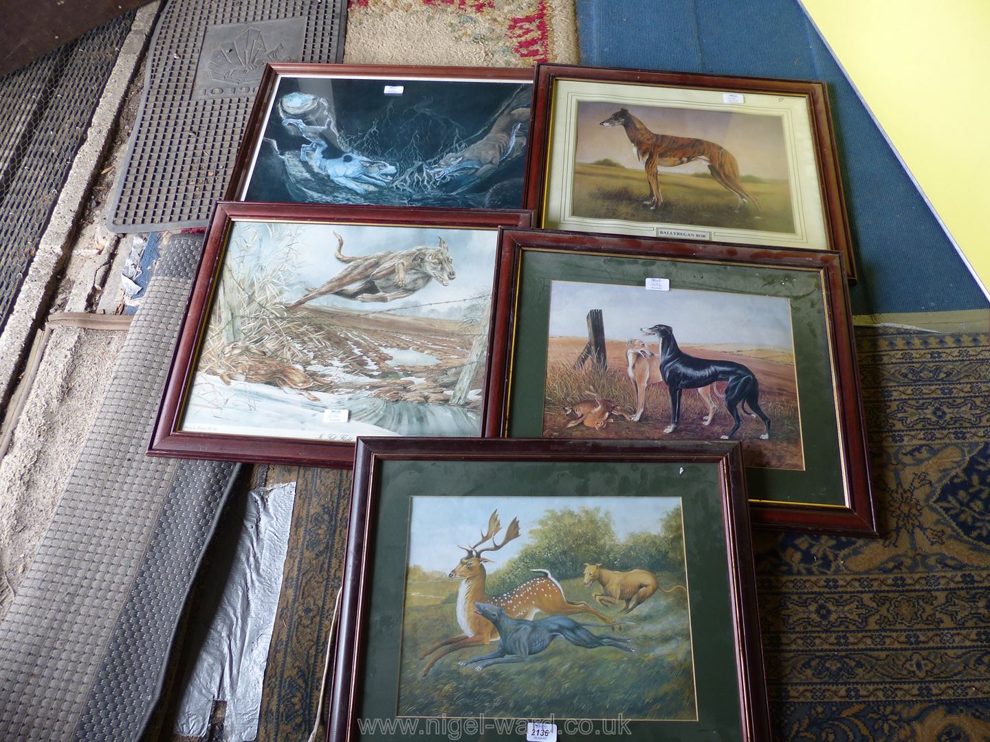 Five framed Prints including Ballyregan Bob, dogs hunting deer and foxes, etc.
