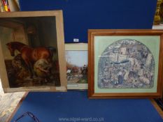 Three prints including Pears unframed, Hop Picking and Hunting scene, a/f.