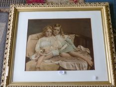 A large framed Print of two young girls sat on a sofa, signed lower right ''Wayland'',