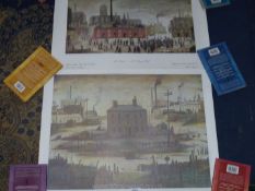 Two large unframed Lowry prints, 'The Island' and 'The Accident'.