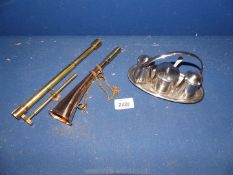 A quantity of brass including small scales, hunting horn, glass cutting tool and cruet on stand.