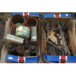 Two boxes of various tins, metal ware, gate hinges etc.