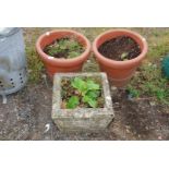 Two plastic 17'' diameter flower pots and a square concrete planter.