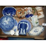 A quantity of china including dark blue Wedgwood Jasperware jug, a Copeland Spode bowl,