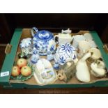 A quantity of china including; blue & white teapot and stand (spout repaired), coronation mugs,