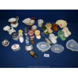 A small quantity of china shoes, Wedgwood Jasperware trinket dishes,