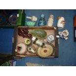 A quantity of pottery items including Jersey pottery cups, studio pottery ewers, table lamp etc..