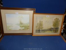 A framed and mounted watercolour by L. Newell titled 'Sunset over Malvern', along with a J.