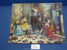 An unsigned and unframed Oil on panel depicting a Spanish interior scene with figures, 10" x 8".