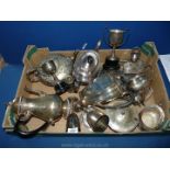 A box of mixed EPNS to include; teapots, sugar bowls, jugs, trophies, cruet set,