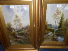 A pair of gilt framed oil paintings depicting country landscapes, both by the same artist,