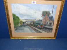 A railway interest Painting of a train at Savernake Station, signed Peter Trumble.