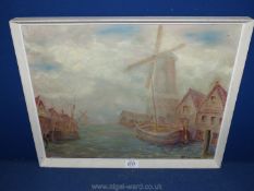 A naive Oil painting of boats at harbour, signed Molineaux.