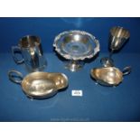 A small quantity of plated items including two sauce boats, comport, goblet and tankard.