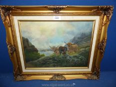 An ornately framed Oil on canvas depicting three Highland cattle by riverside, 21 1/2" x 17 1/2".