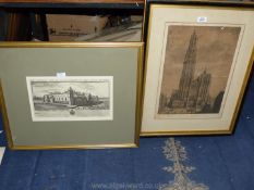 A framed and mounted etching 'The South East View of Lacock Nunnery in the County of Wilts',