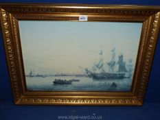 A framed Print on canvas depicting "The Emigrant Ship, Dublin Bay" by Edwin Hayes,