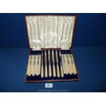 An attractive cased continental set of six knives and six forks with ivory handles,