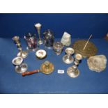 Miscellaneous metalware including two pairs of silver plated candlesticks, two tea caddies,