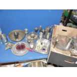 A box of plated items to include charger, coffee pot, candlestick, condiment sets, goblets,