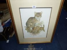 A framed and mounted artists proof 1/50 print by Patrick A Oxenham, depicting a cat with kittens.