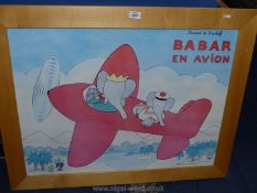 A large modern framed Laurent de Brunhoff poster of Babar En Avion, Editions du Desastre,
