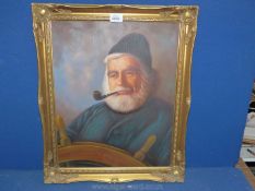 An Oil on canvas depicting an old sea captain with pipe stood at the ship's wheel,