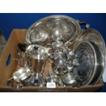 A quantity of plated items including trays, coffee, tea and hot water pots, sugar bowl,