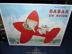 A framed Laurent de Brunhoff poster of Babar En Avion, Editions du Desastre, 32" x 24".