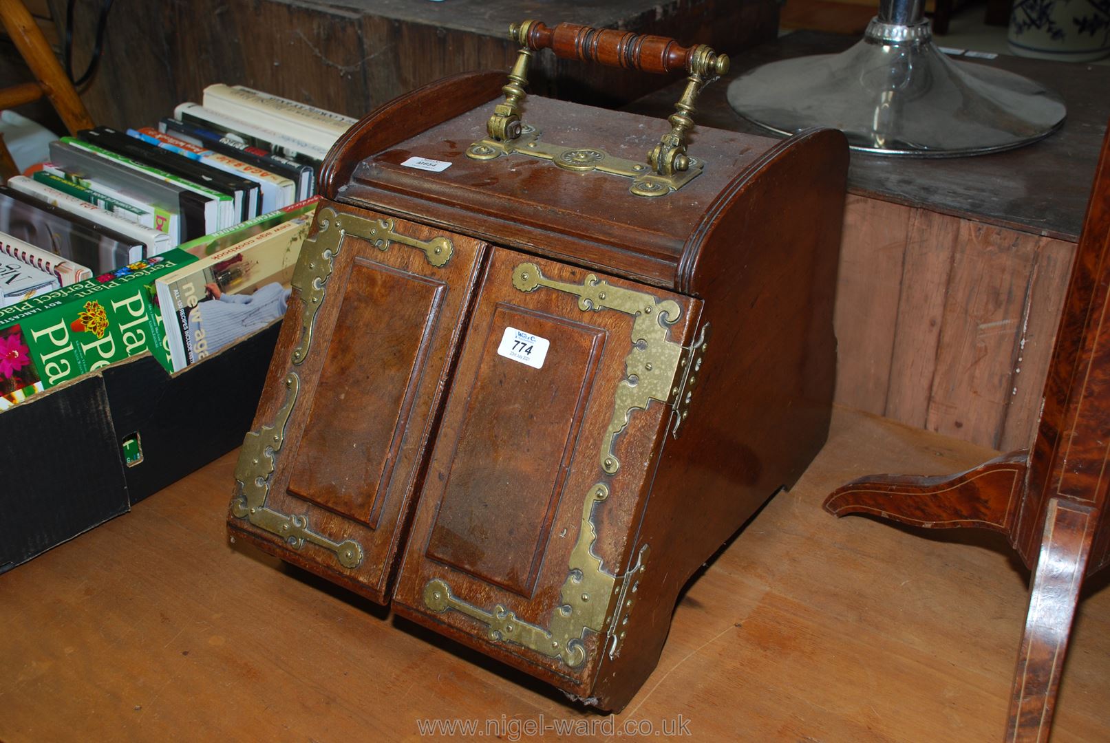 Oak and brass coal box (with door lock when carried).