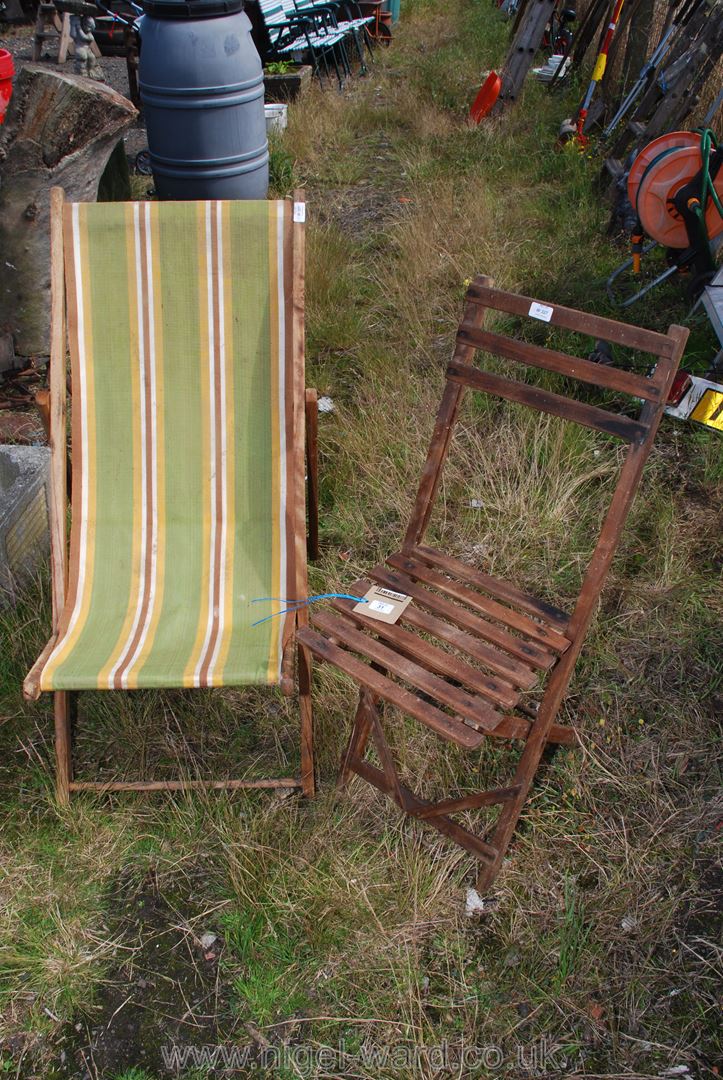 Folding deck chair and wooden chair