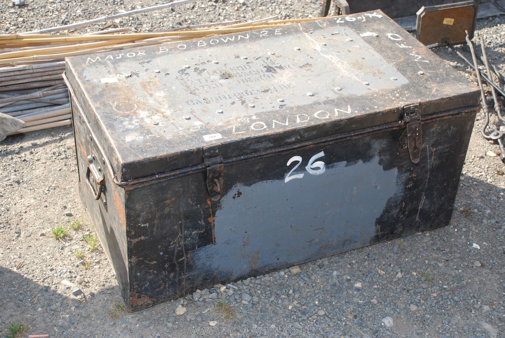 Large metal travel trunk marked Major S.O Bown R.