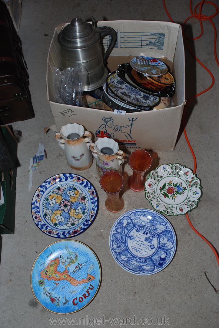 Quantity of Tourist ware plates, lidded Stein biscuit barrel, carnival glass,