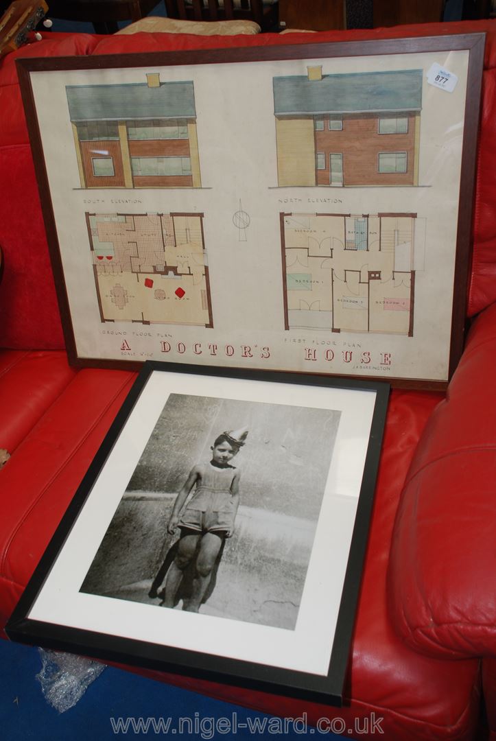 Framed plans for a Dr's house and a framed print.