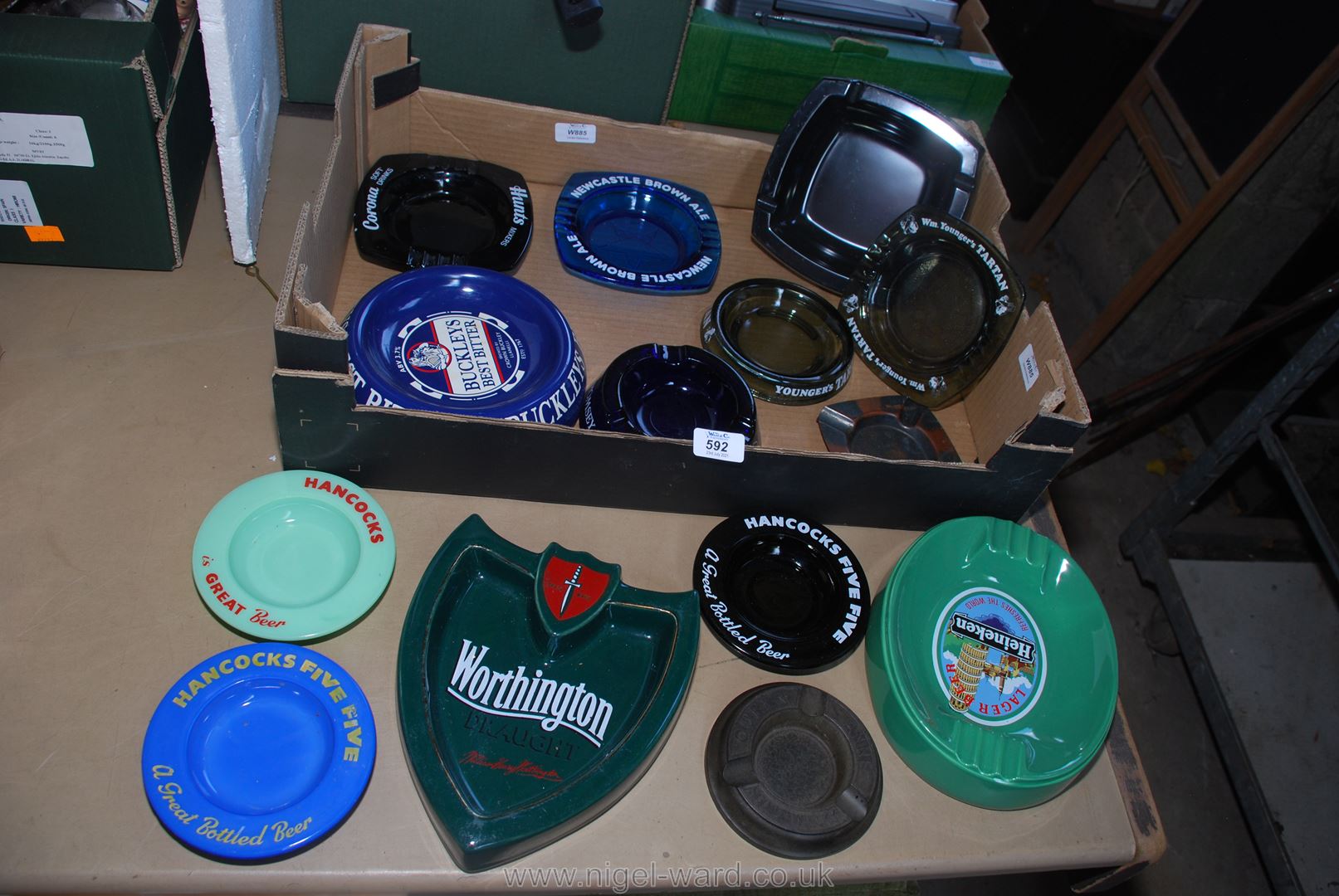 Quantity of pottery and glass pub ashtrays and Bakelite ashtray,