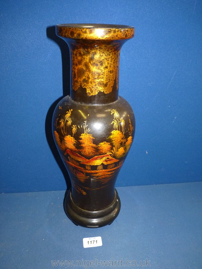 A Japanese lacquered Vase with village scene, 15 3/4'' tall. - Image 2 of 2