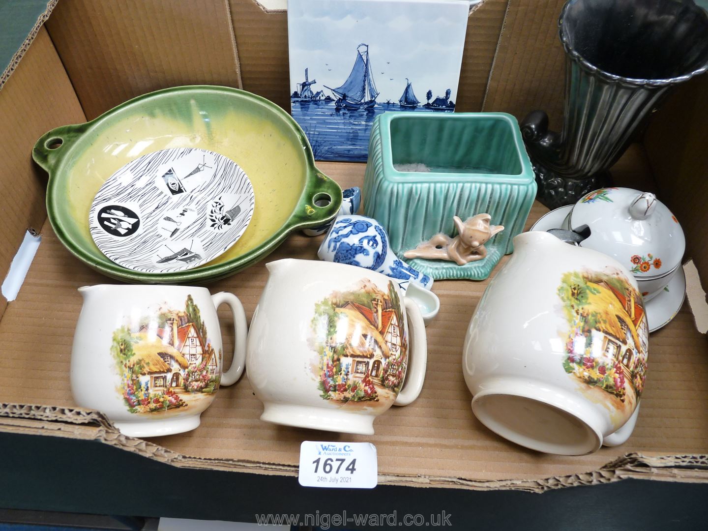 A box of mixed china including green Sylvac pot,