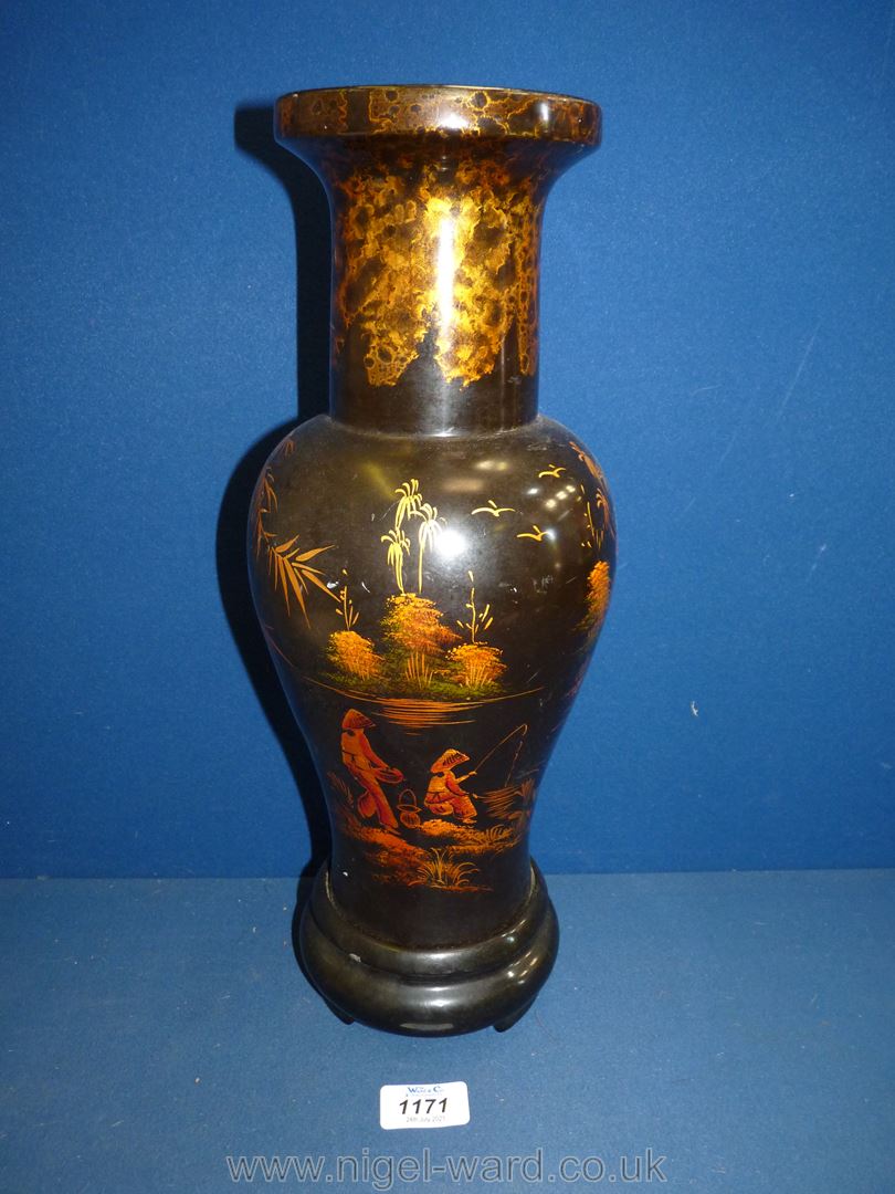 A Japanese lacquered Vase with village scene, 15 3/4'' tall.