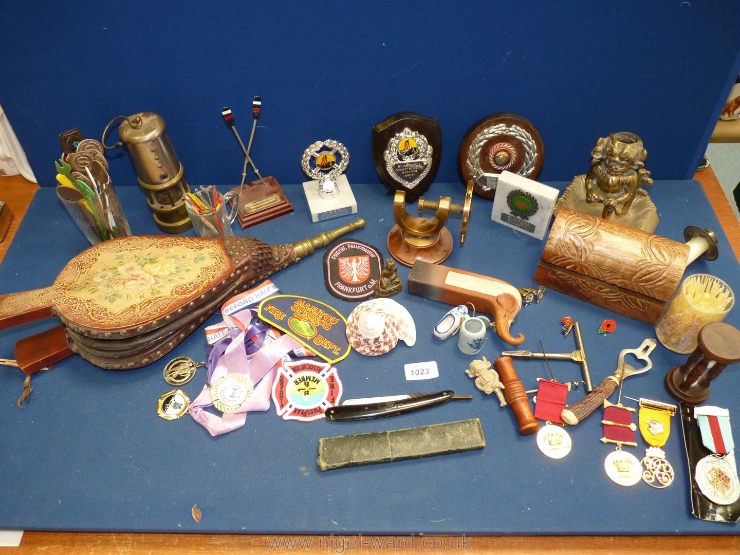 A quantity of miscellanea including a "The Crown and Sword Razor", bellows, small miners lamp,