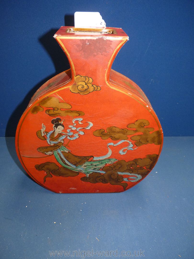 A large oriental papier mache vase, flat sided bottle shape, - Image 3 of 5
