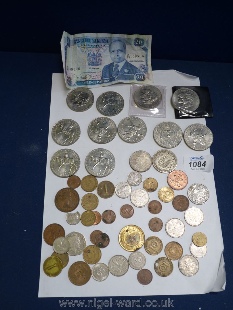 Miscellaneous commemorative Crowns and other coins and a Kenya twenty shilling note.