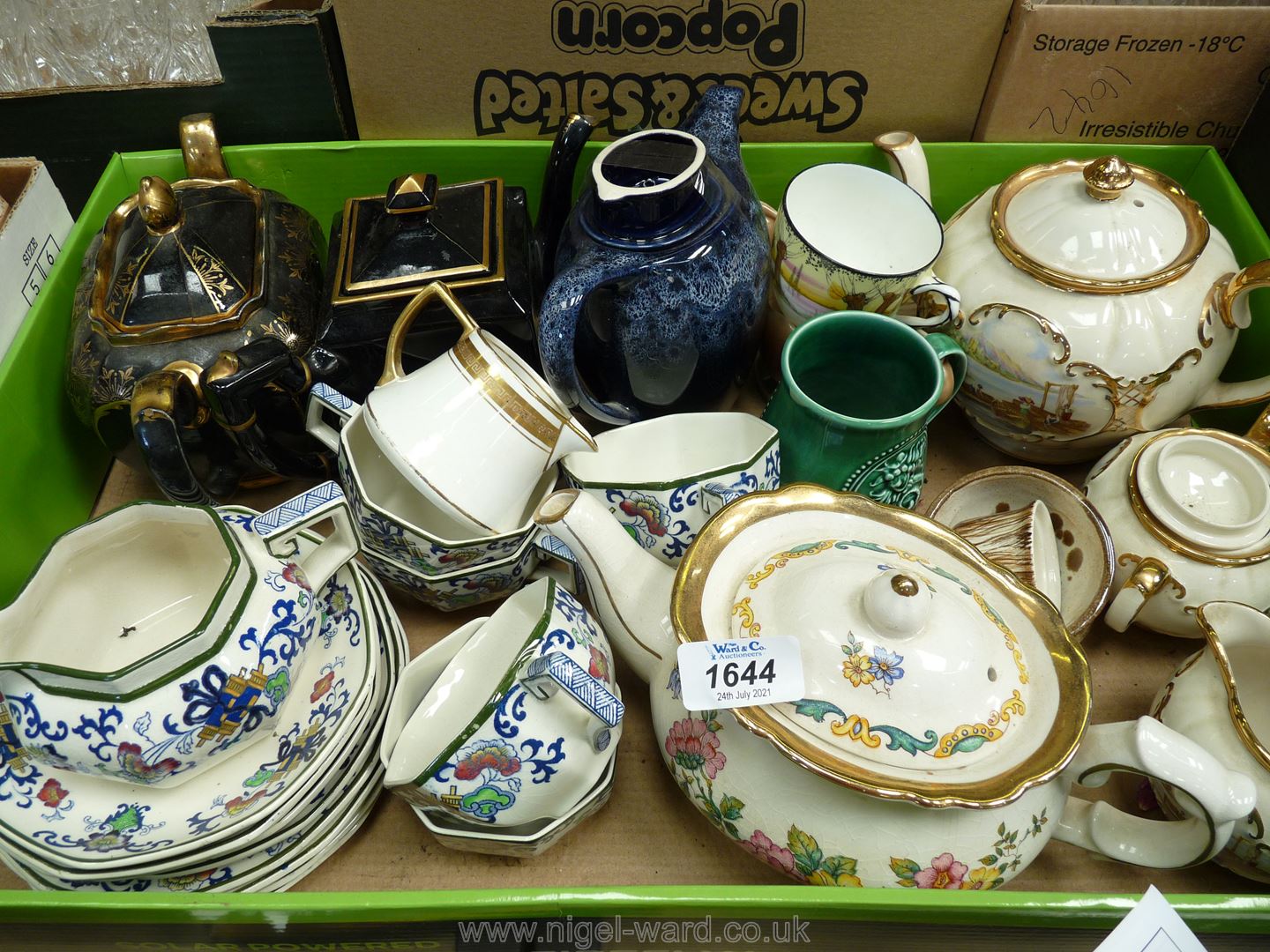 A box of miscellaneous china to include; Sadler three piece Teaset, Price teapot, Burslem tea set,