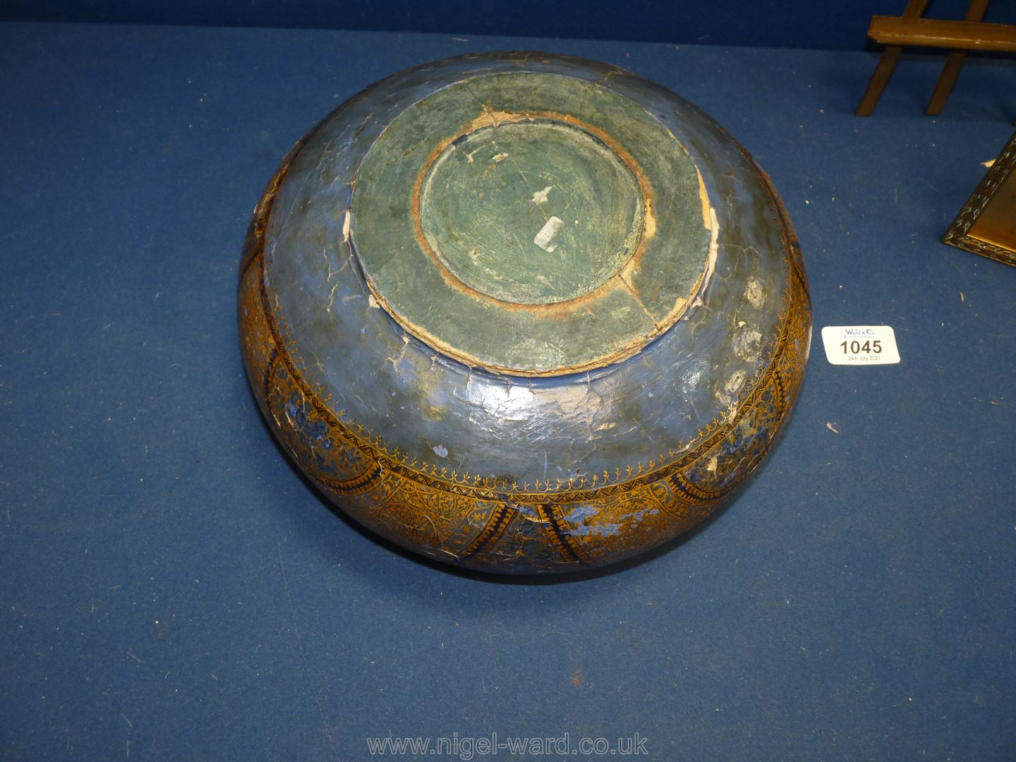 An old possibly Kashmiri bowl with metal lining and the outside decorated with Kashmiri style paper, - Image 2 of 2