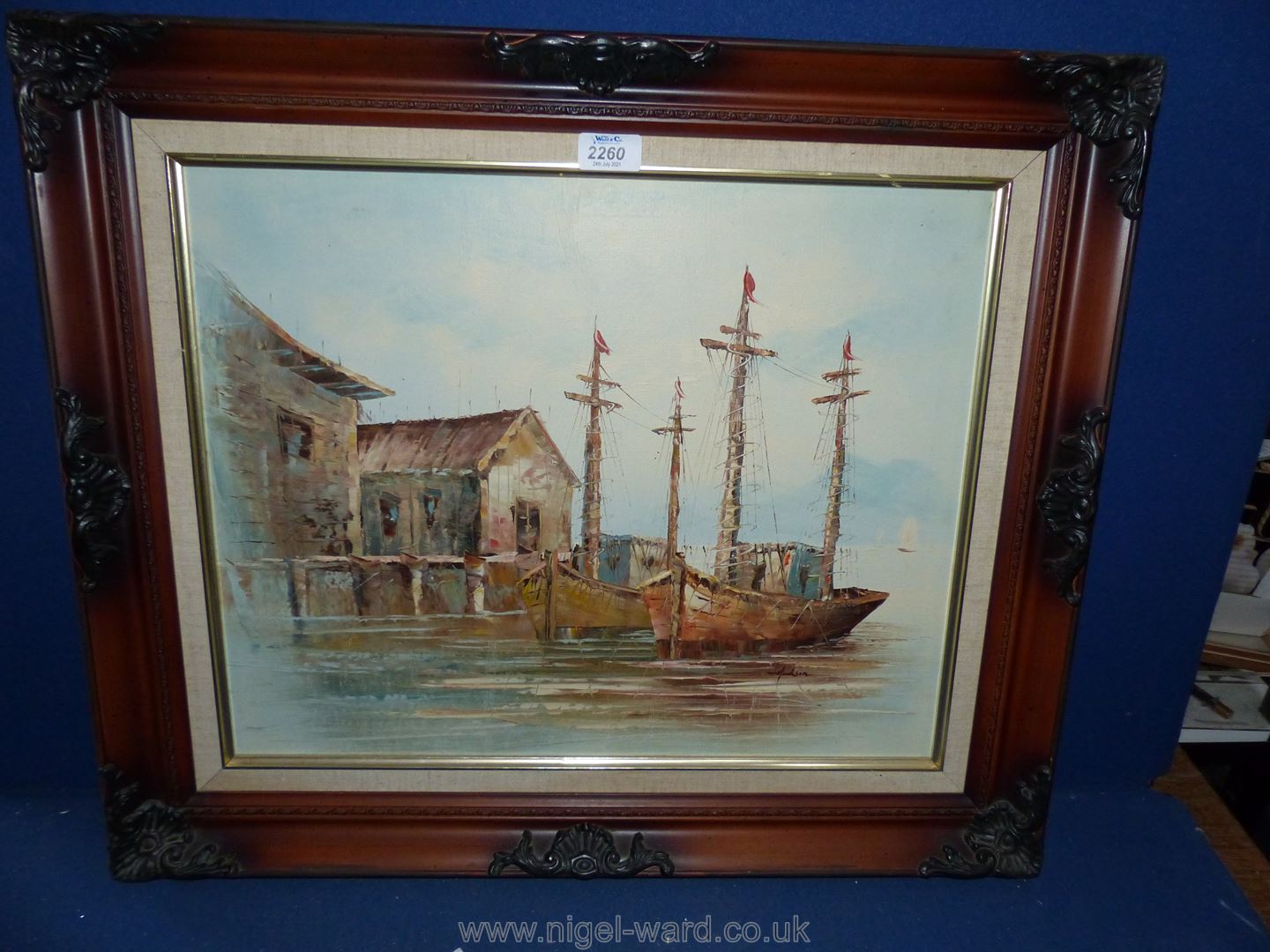 A wooden framed Oil on canvas of a boat, signed lower right Andson.