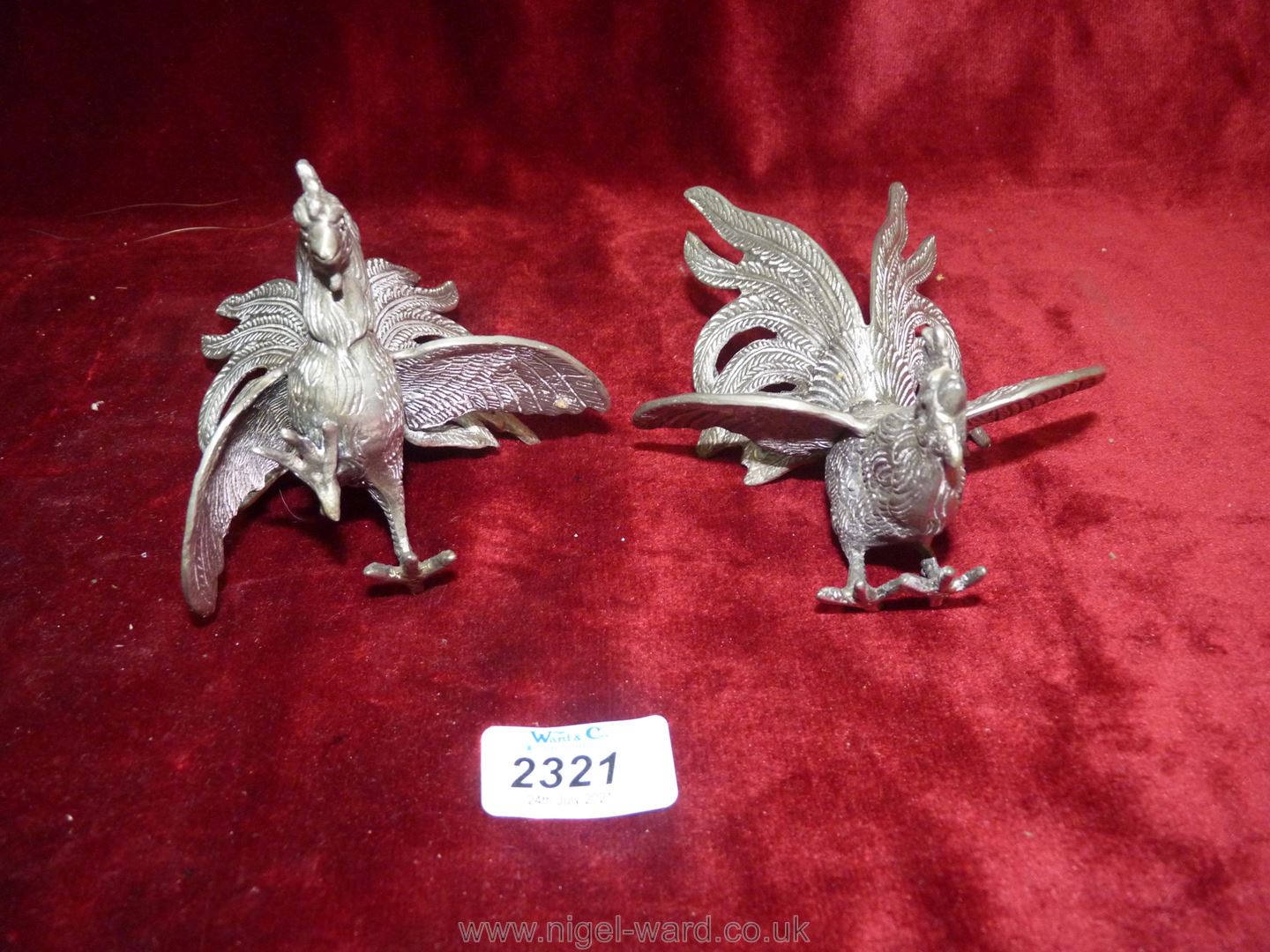 Two white metal fighting cocks figures. - Image 2 of 2