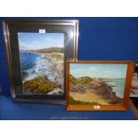 A wooden framed Oil on board of The Mumbles Head and Lighthouse by K.M.