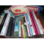 A box of books including World Atlas, Running Fitness and Injuries, Great Rugby Headlines etc.