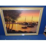 A modern Oil on canvas of Harbour scene at sunset, unsigned.