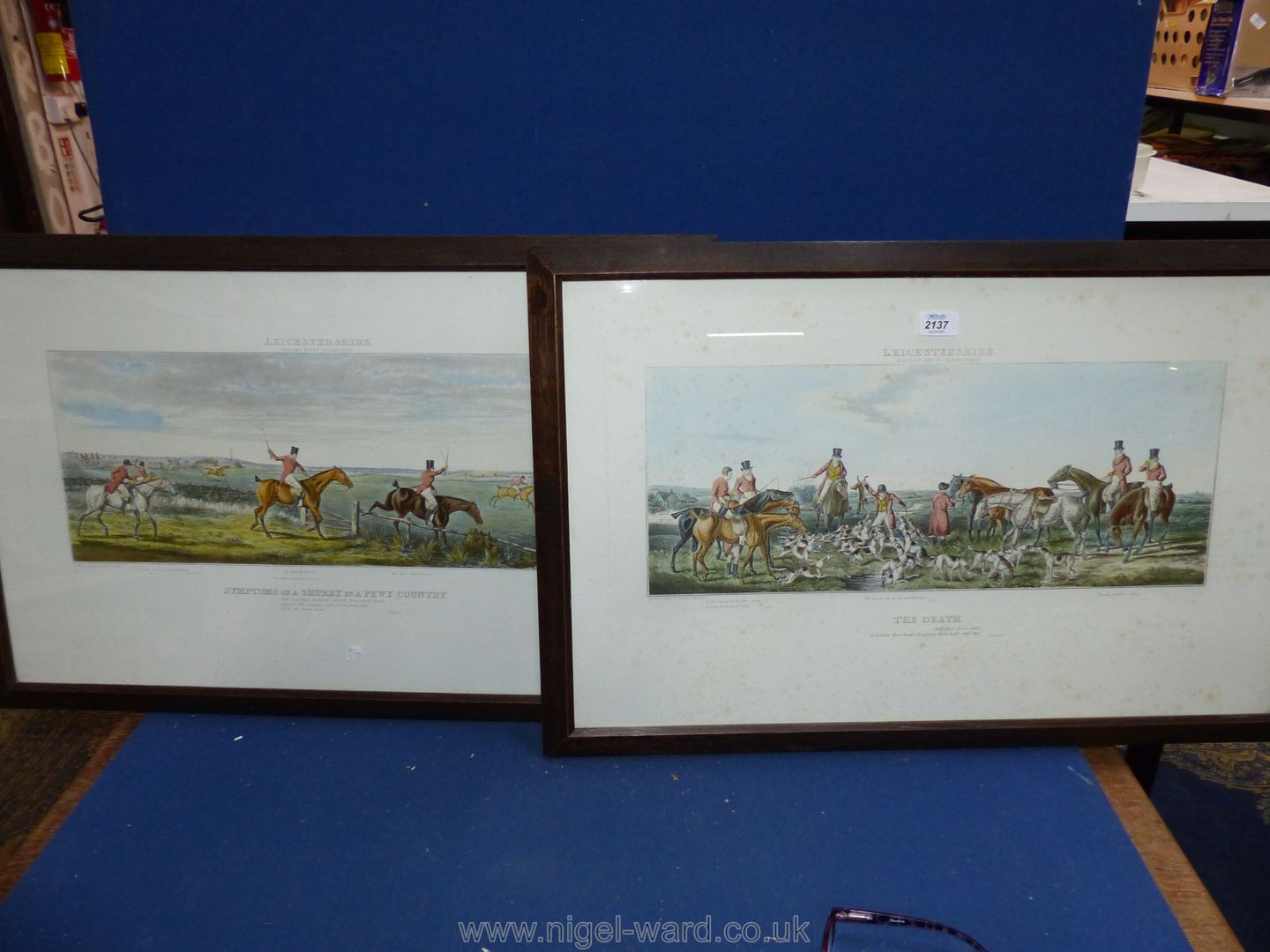 A pair of oak framed hand coloured aquatints of Leicestershire hunting scenes by Sir John Dean Paul. - Image 4 of 7