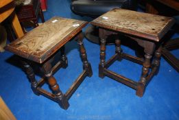 Pair of joynt Stool type Oak side tables/stools on turned legs.